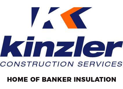 Kinzler Construction Services logo: blue wordmark with orange chevron, plus the slogan 'Home of Banker Insulation' below.
